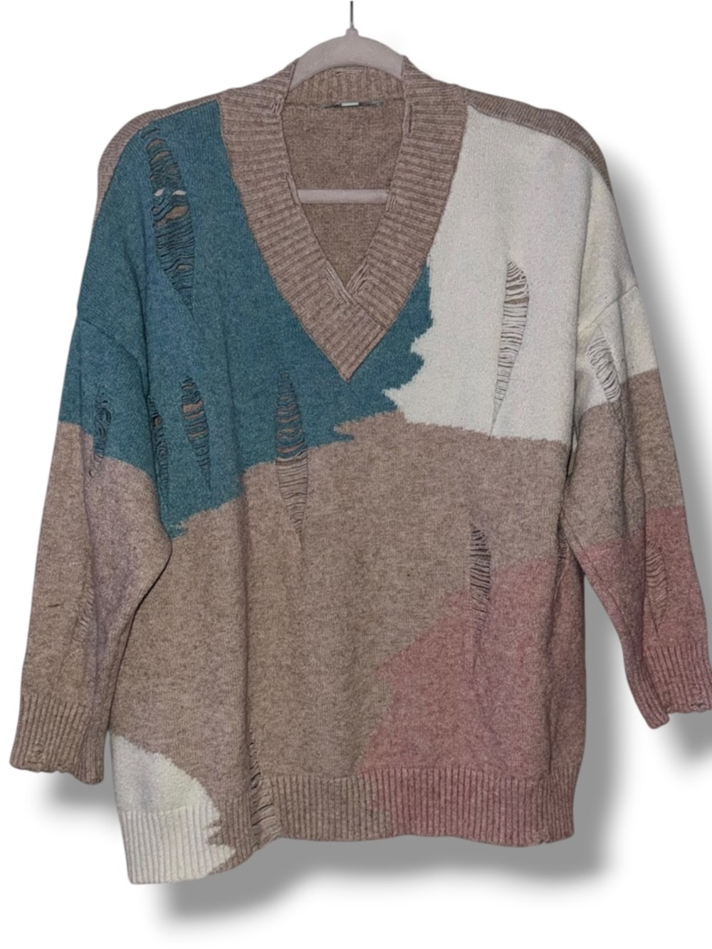 She + Sky color block distressed V neck sweater
